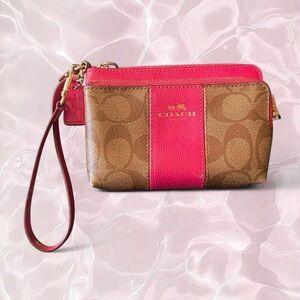 Coach Signature Brown & Pink Leather Wristlet F52853